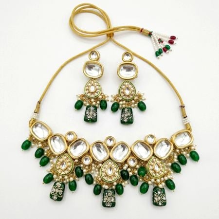 Handcrafted Emerald Green Kundan Statement Bridal Necklace Set